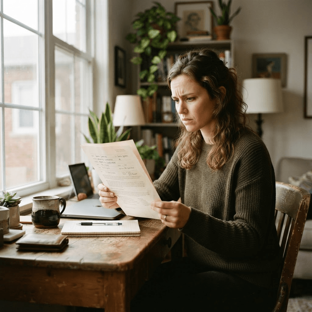 Person reviewing a job application document at a desk