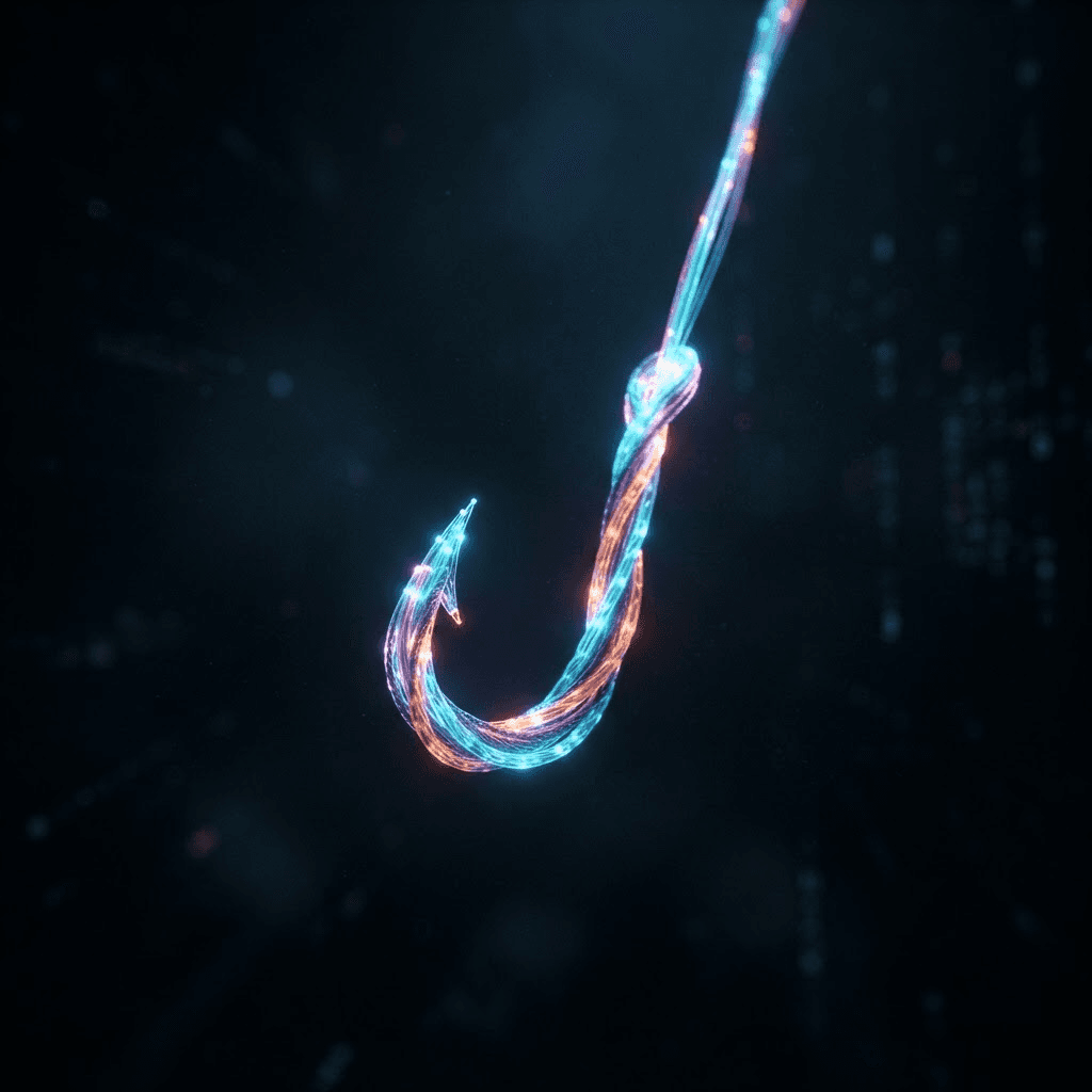 Abstract macro of fiber optic cables shaped like a fishing hook