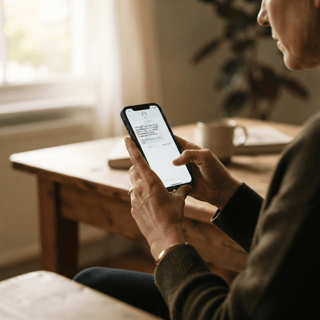 Person holding a smartphone reading a suspicious message
