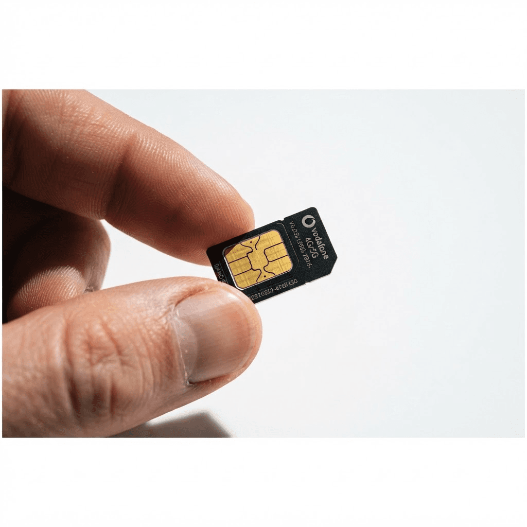 Close-up of a SIM card being held with metallic chip detail