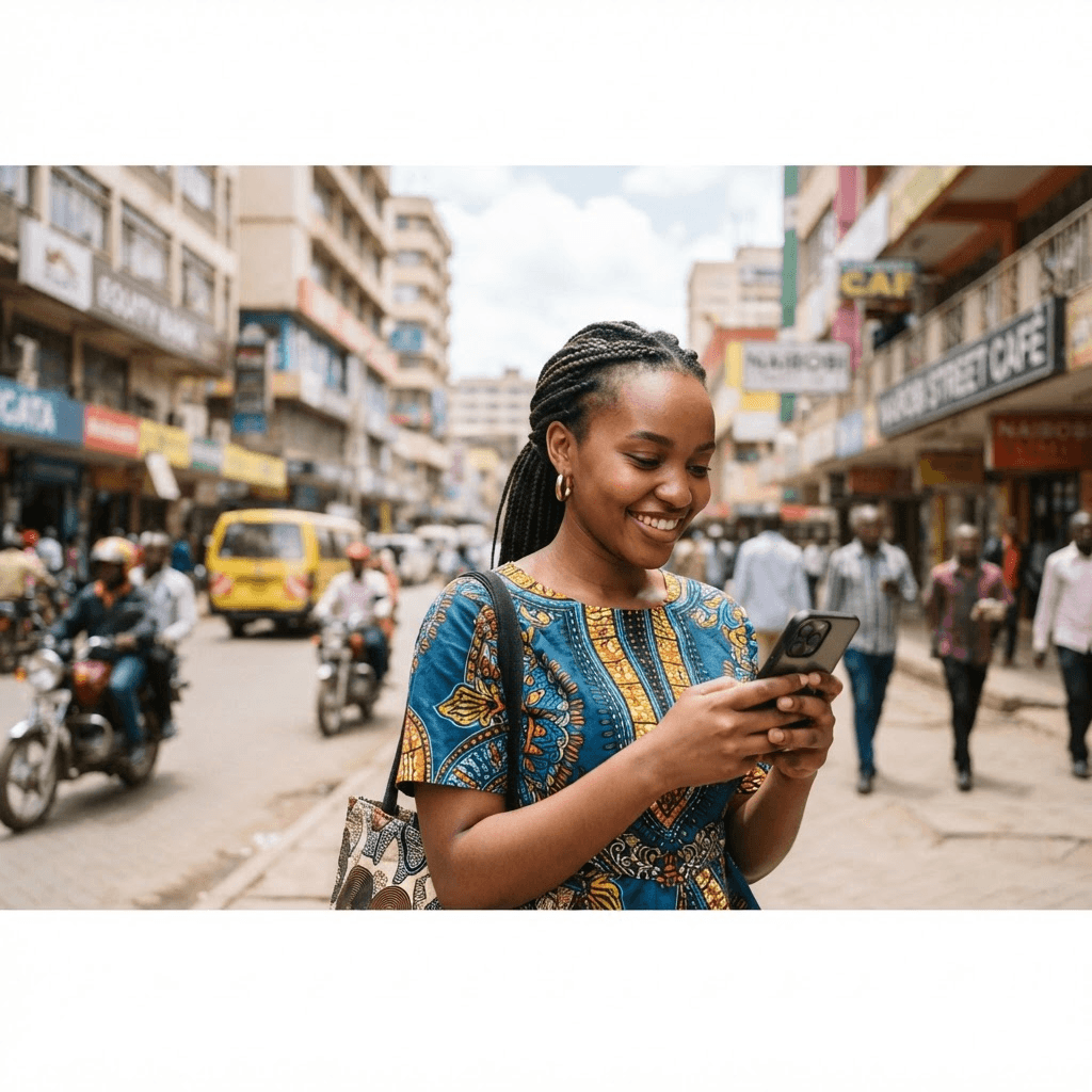 Woman using a smartphone confidently in an urban African setting